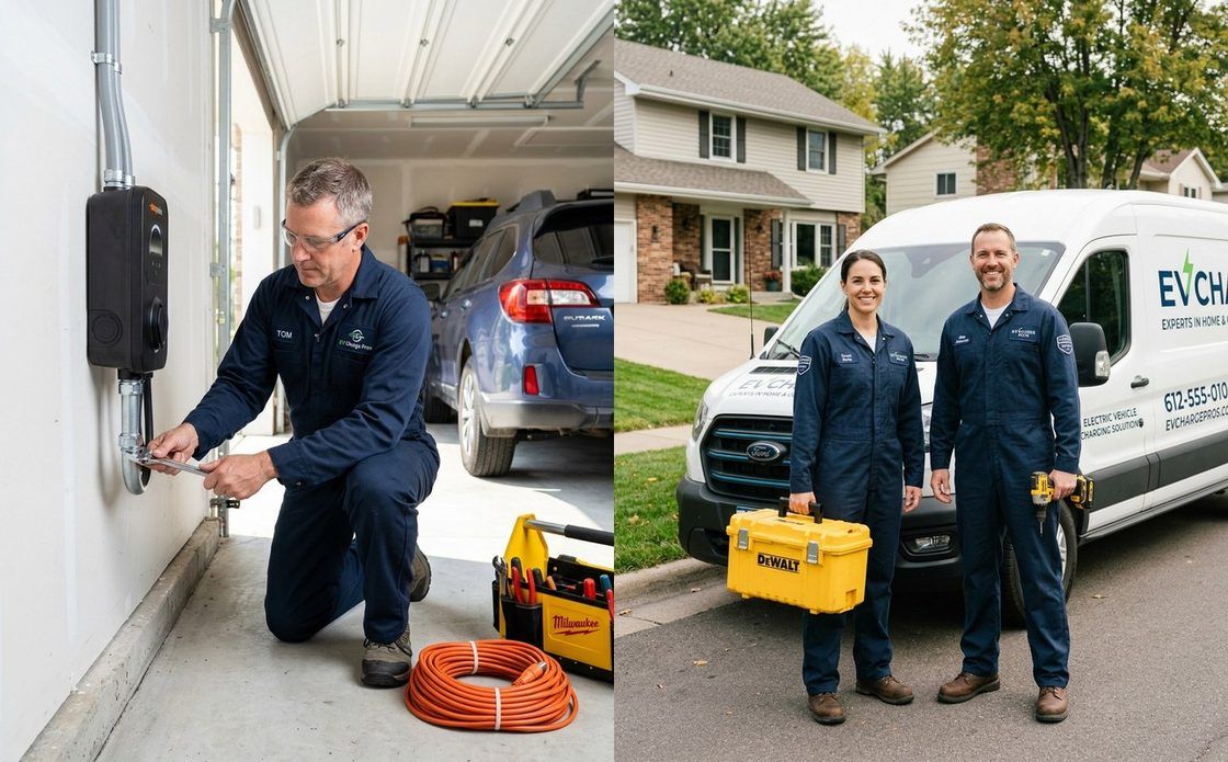 Technician installing EV charger in residential garage and crew unloading tools from branded van, Minneapolis MN