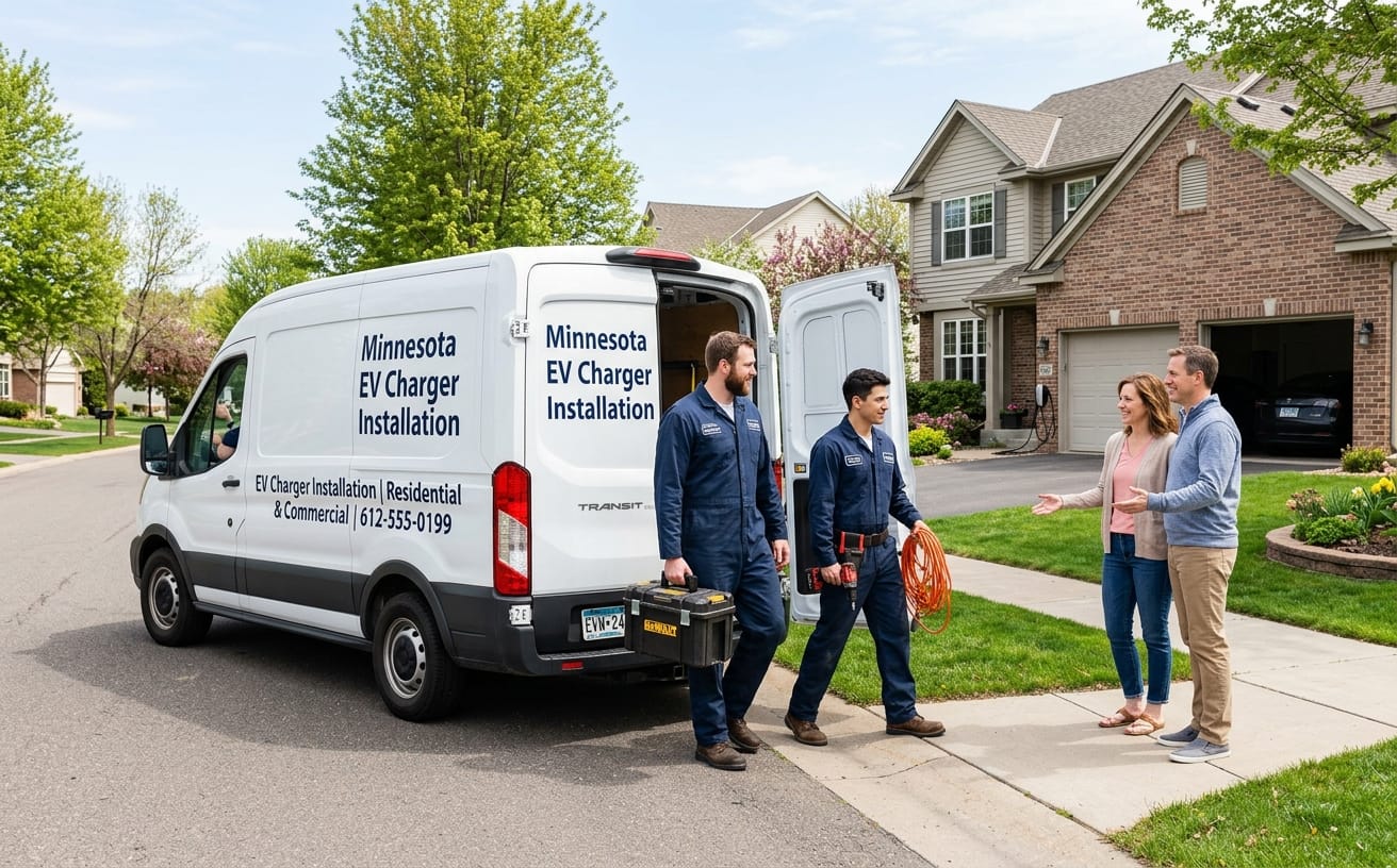 Minnesota EV Charger Installation team arriving at a residential installation — two technicians in navy jumpsuits stepping out of a branded white van
