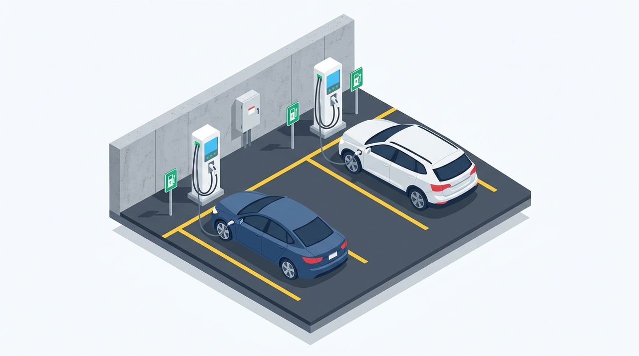 Commercial EV charger installation in a parking lot with dual pedestal chargers