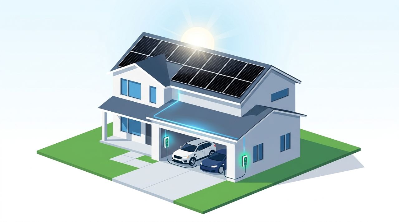 Residential EV charger installation — modern house with solar panels and EVs charging