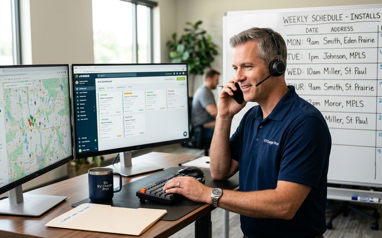 Minnesota EV Charger Installation manager at his desk handling customer calls and monitoring active installation jobs