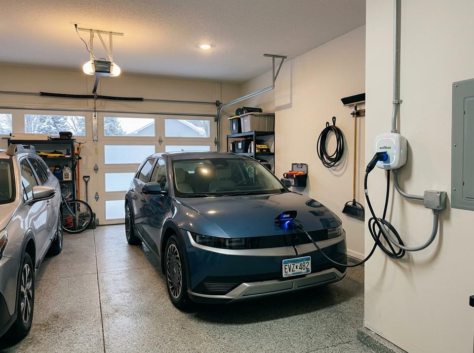 Hyundai Ioniq 5 plugged into a garage wall charger after installation