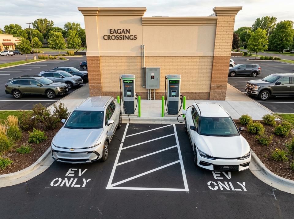 Chevy Equinox EV and Kia EV6 at commercial pedestal chargers