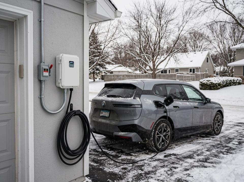 BMW iX charging outdoors in a Minnesota winter driveway installation