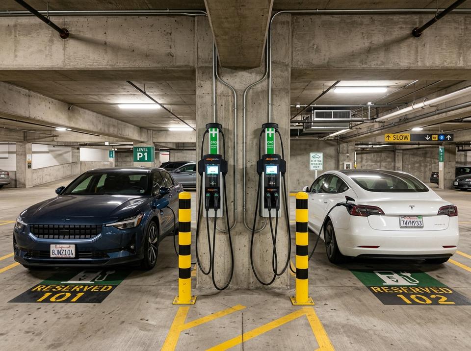 Polestar 2 and Tesla Model 3 at corporate parking ramp chargers