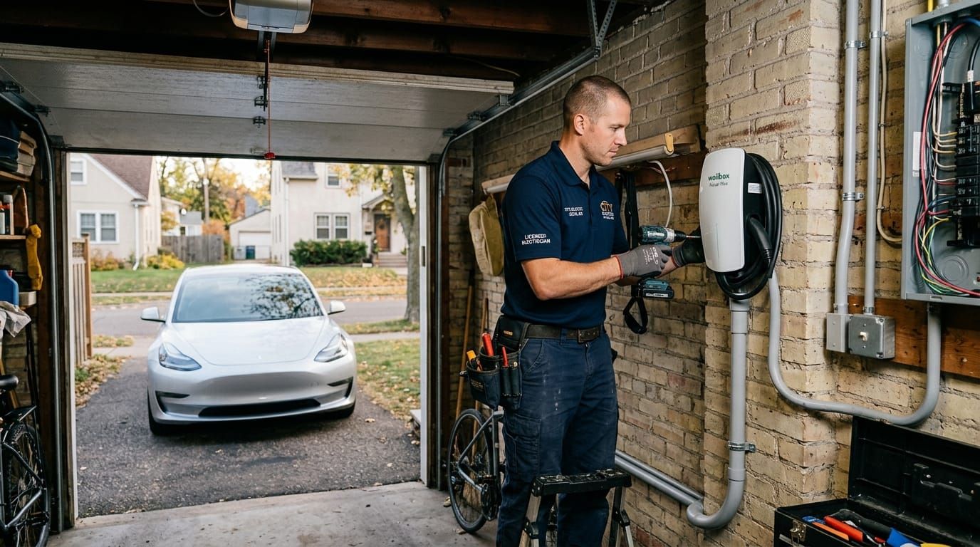 Electrician mounting a Level 2 EV charger on a brick garage wall in a Minneapolis row house