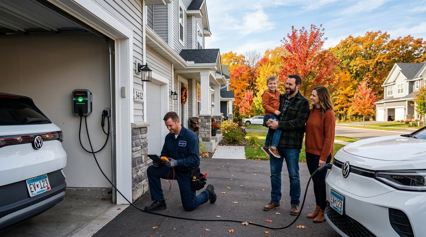Family watching a technician commission a new EV charger at their Woodbury home in autumn
